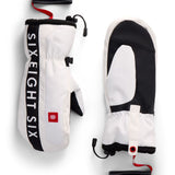 Merino ski mittens in white with black palms and cuffs, pull-on wrist strap