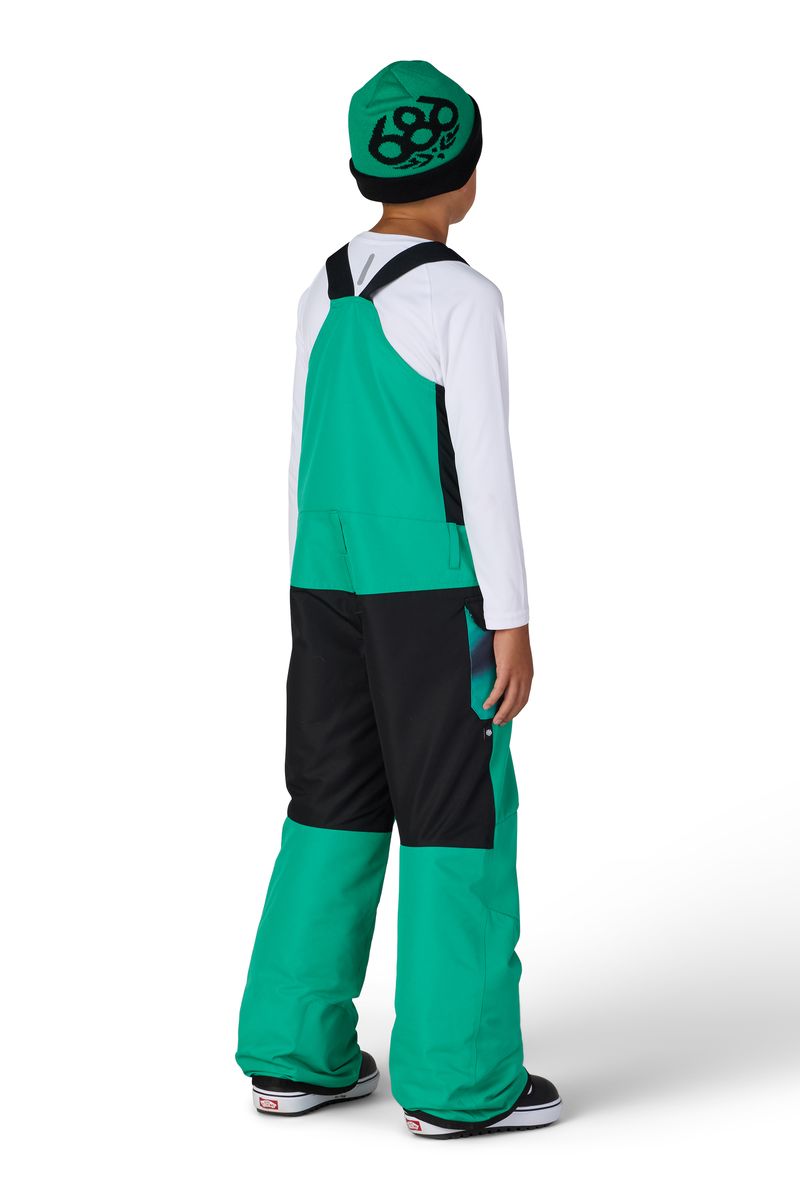 Boys' deep green insulated bib overalls with black side panels and back straps