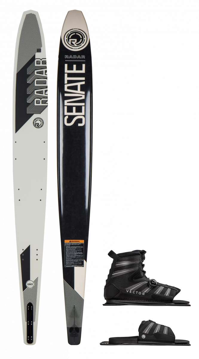 Radar Alloy Senate With Vector Water Ski Package 2024 - A black and white water ski with a geometric pattern on its top surface, featuring the word "SENATE" in large letters.
