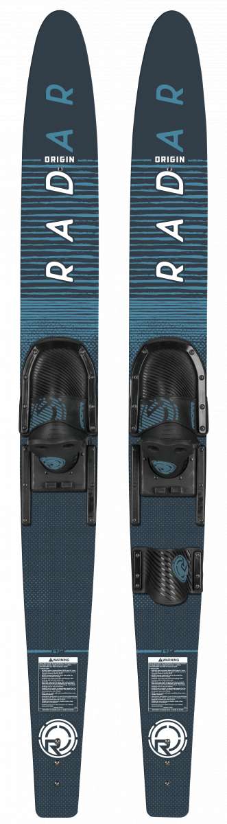 Radar Origin Combos With Horseshoe Binding 2024 - A blue and black water ski with a horseshoe binding on top.