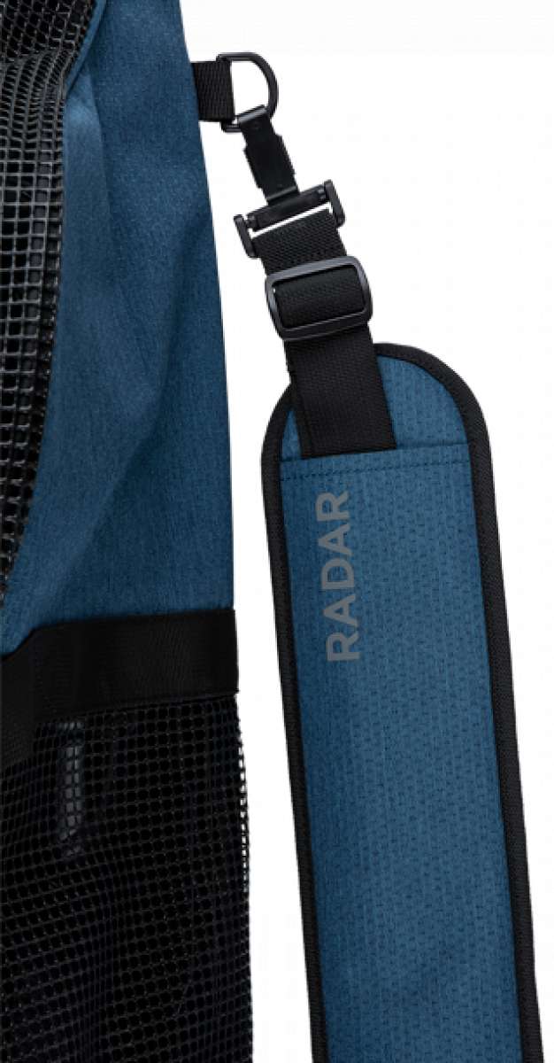 Radar Padded Slalom Case - The case is light blue with a black zipper and handle, featuring a mesh pocket on one side.