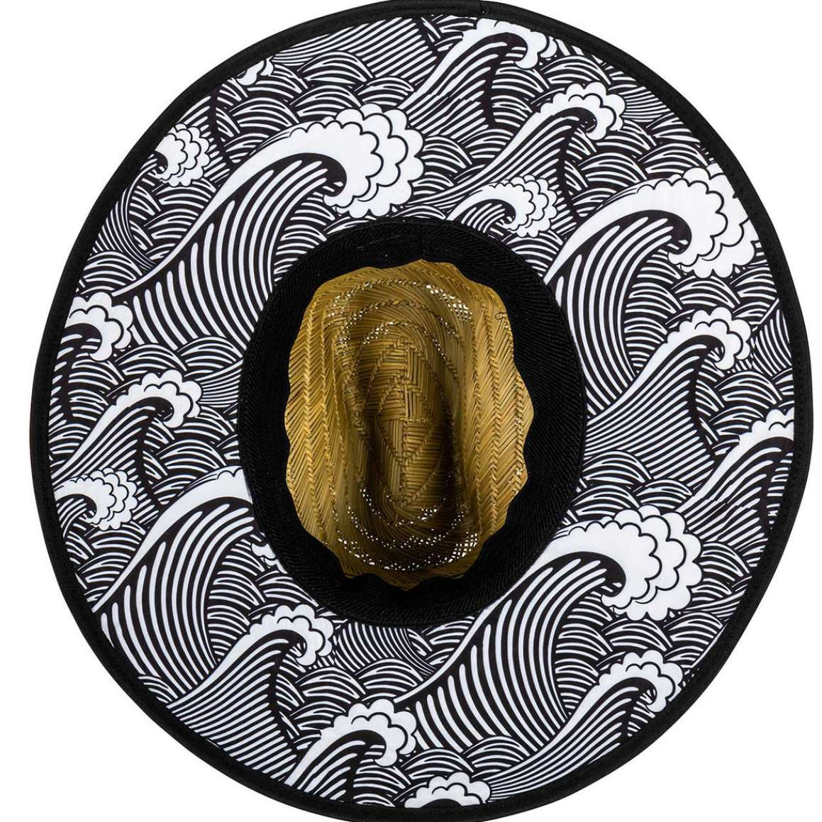 Radar Paddlers Sun Hat - A wide-brimmed hat with a black mesh back and a brown woven front, featuring a pattern of white waves on the brim.