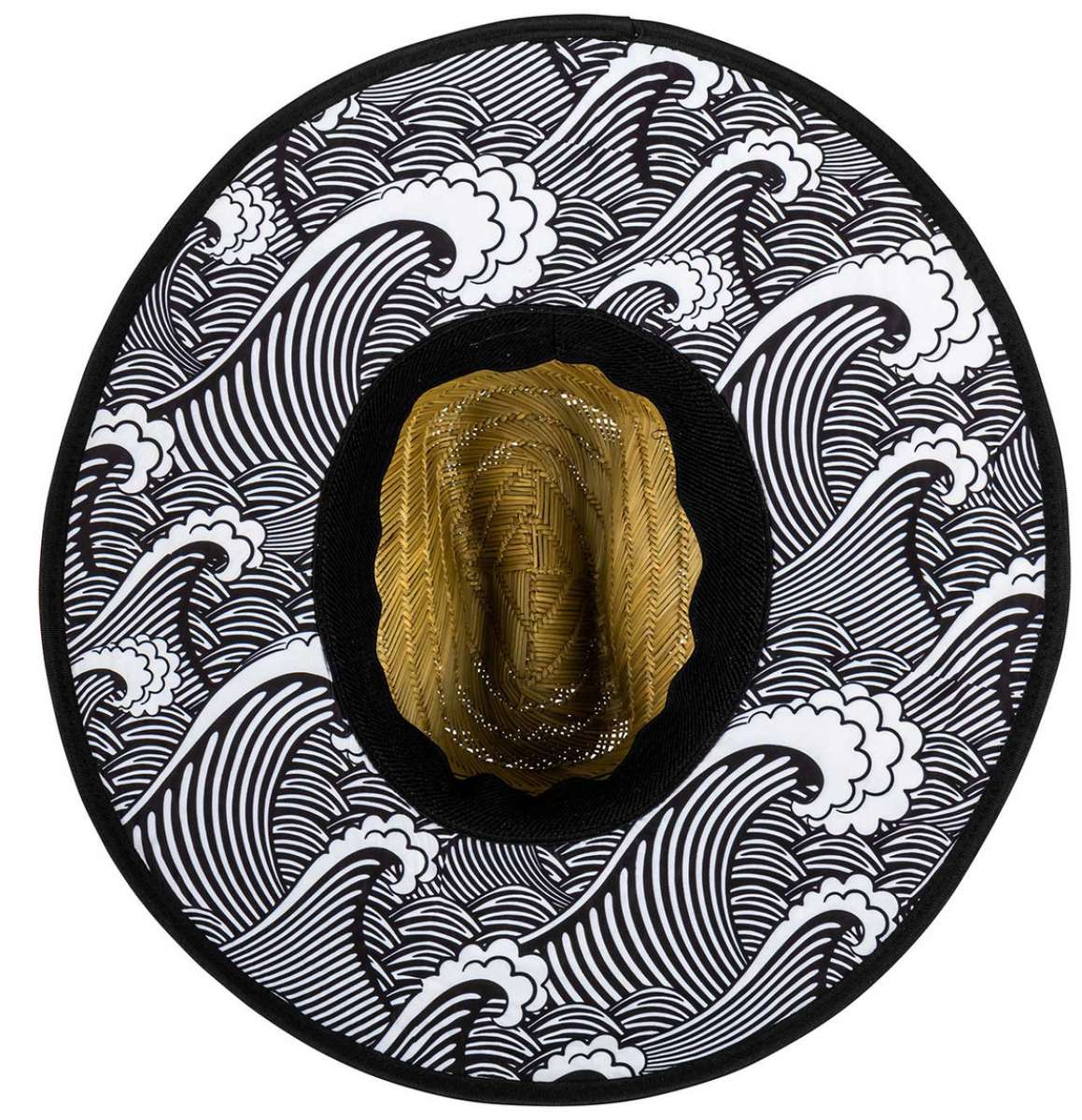 Radar Paddlers Sun Hat - A wide-brimmed hat with a black mesh back and a brown woven front, featuring a pattern of white waves on the brim.