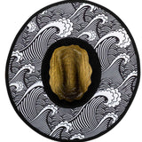Radar Paddlers Sun Hat - A wide-brimmed hat with a black mesh back and a brown woven front, featuring a pattern of white waves on the brim.