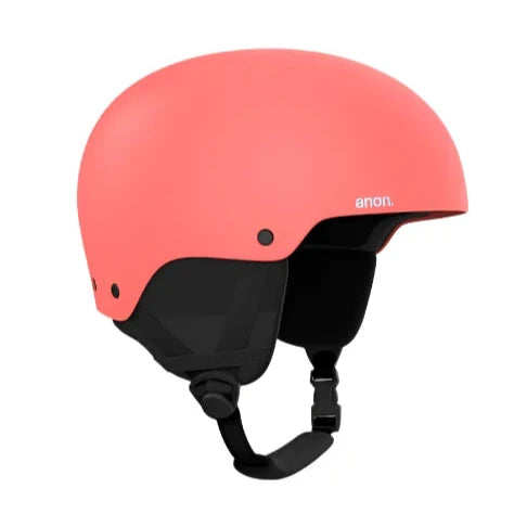Anon Raider 3 Helmet 2025 - A coral-colored helmet with a black chin strap and white lettering on the side.