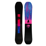 Arbor Rain Snowboard 2026 - A black snowboard with a pink logo on top and a blue stripe at the bottom.
