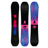 Arbor Rain Snowboard 2026 - A black snowboard with a pink logo on top and a blue logo at the bottom.