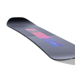 Arbor Rain Snowboard 2026 - A gray snowboard with a pink rectangle on top and blue design at the bottom.