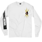 CAPiTA Reaper Long Sleeve Tee 2025 - A white long-sleeve shirt with a black graphic of a reaper on the chest and "BREAK THE PLANET" written in bold, stylized font down the left sleeve.