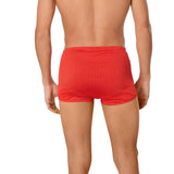 Speedo Men's Poly Mesh Training Drag Suit - A red, mesh training suit with a high waist and low leg cut, featuring a textured pattern on the fabric.