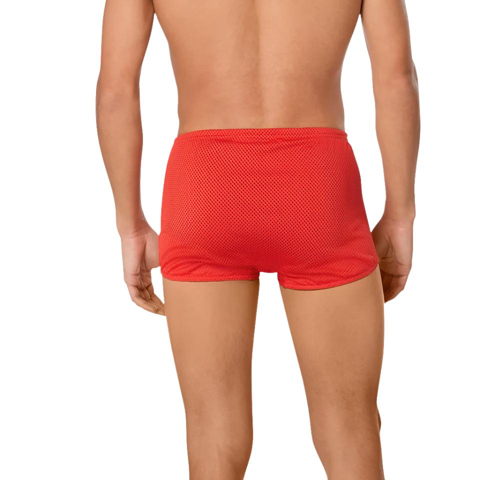Speedo Men's Poly Mesh Training Drag Suit - A red, mesh training suit with a high waist and low leg cut, featuring a textured pattern on the fabric.