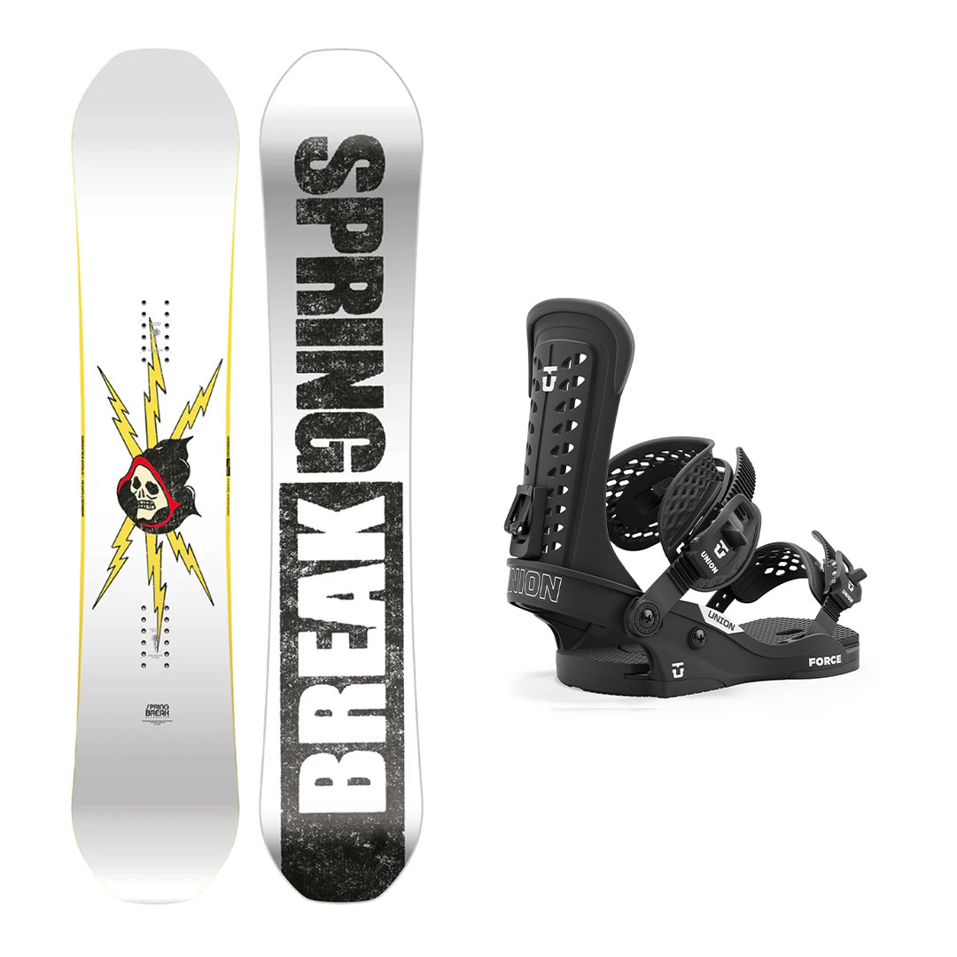 CAPiTA Spring Break Resort Twin Snowboard - A white snowboard with a black and yellow graphic of a skull wearing a red hoodie, surrounded by yellow lightning bolts.