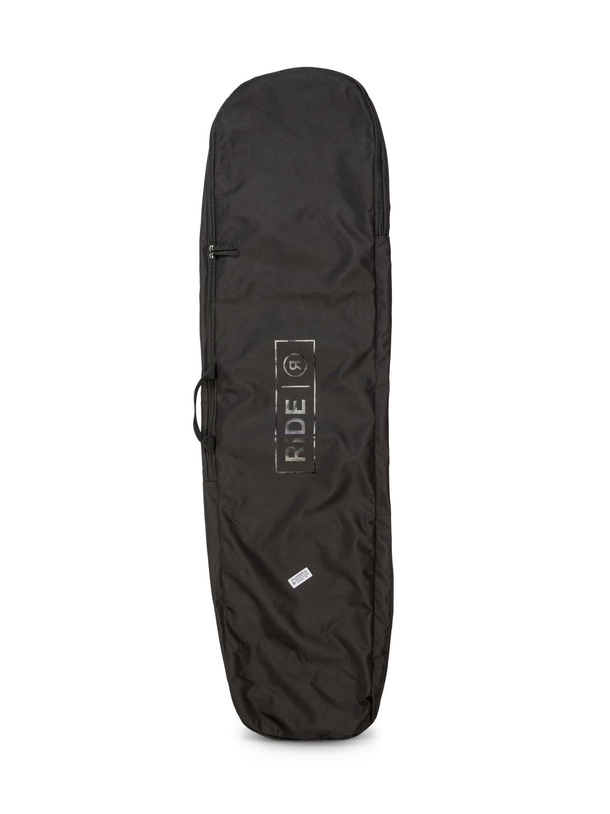 Ride Unforgiven Sleeve Snowboard Bag - A black snowboard bag with a white logo and strap handle, featuring a rectangular shape and zippered top.