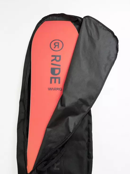 Ride Unforgiven Sleeve Snowboard Bag - A black snowboard bag with a white logo and strap on the side.