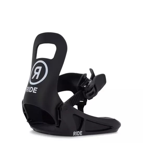 Ride Kid's Micro Snowboard Bindings 2024 - Black bindings with white logo on top strap and black straps.