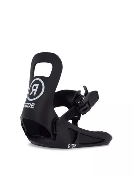 Ride Kid's Micro Snowboard Bindings 2024 - Black bindings with white logo on top strap and black straps.