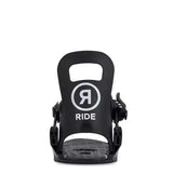 Ride Kid's Micro Snowboard Bindings 2024 - Black bindings with white logo on top plate and black straps.