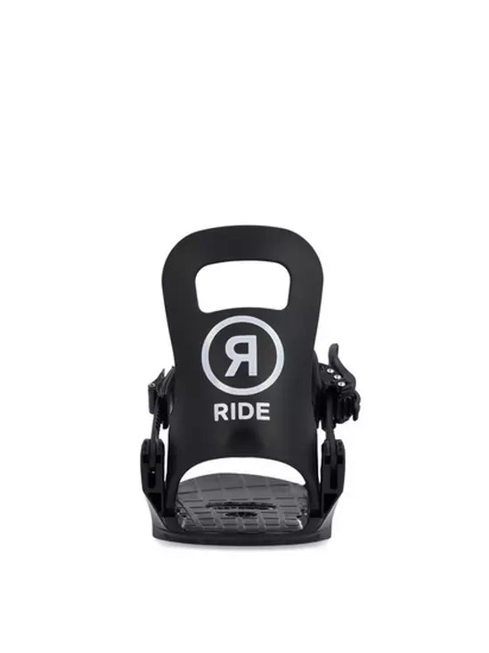 Ride Kid's Micro Snowboard Bindings 2024 - Black bindings with white logo on top plate and black straps.