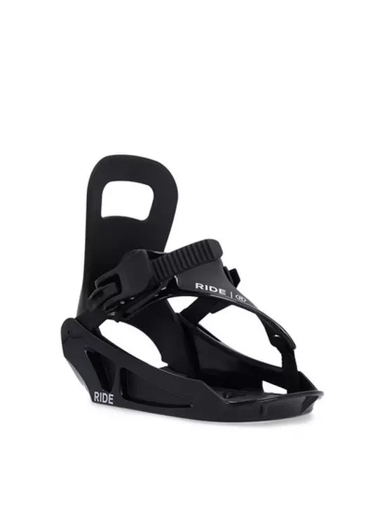 Ride Kid's Micro Snowboard Bindings 2024 - Black bindings with a small, rounded strap on top and a larger strap at the bottom.