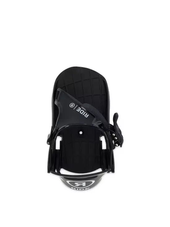 Ride Kid's Micro Snowboard Bindings 2024 - Black bindings with white lettering on top strap and logo on bottom strap.
