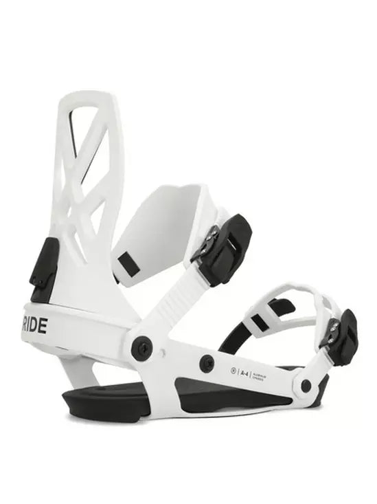 Ride A-4 Snowboard Binding 2025 - White snowboard bindings with black buckles and straps.
