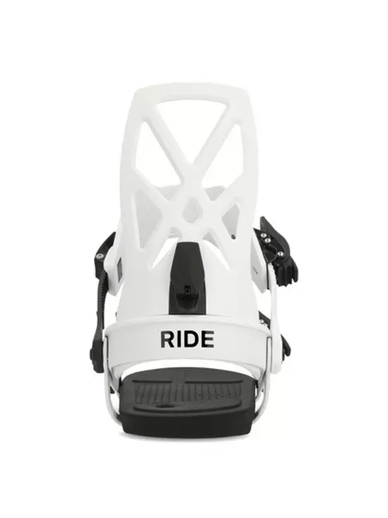 Ride A-4 Snowboard Binding 2025 - White snowboard binding with black straps and buckles.
