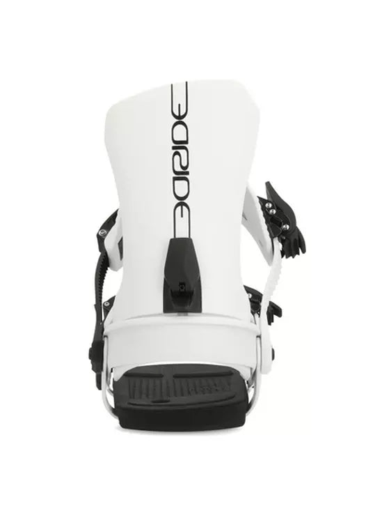 Ride Women's AL-6 Snowboard Binding 2025 - A white snowboard binding with black straps and buckles, featuring a sleek design on a solid white background.