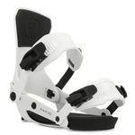 Ride Women's AL-6 Snowboard Binding 2025 - A white snowboard binding with black buckles and a black strap on top of the footbed.