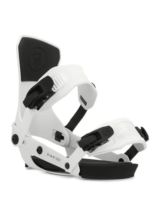 Ride Women's AL-6 Snowboard Binding 2025 - A white snowboard binding with black buckles and a black strap on top of the footbed.