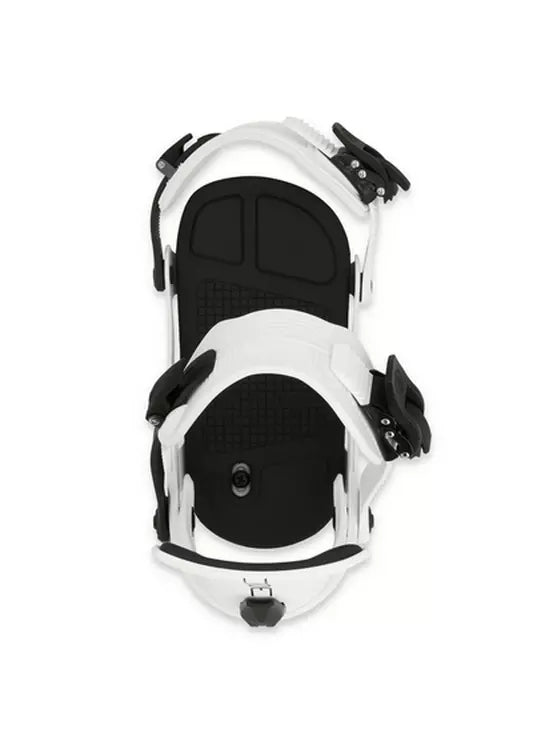Ride Women's AL-6 Snowboard Binding 2025 - A black and white snowboard binding with a circular black baseplate, featuring two silver screws on each side.