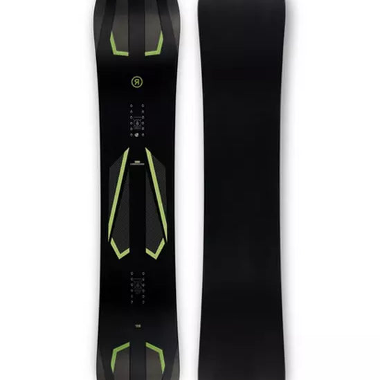 Ride Commissioner 2024 - Black snowboard with neon green accents on top sheet.