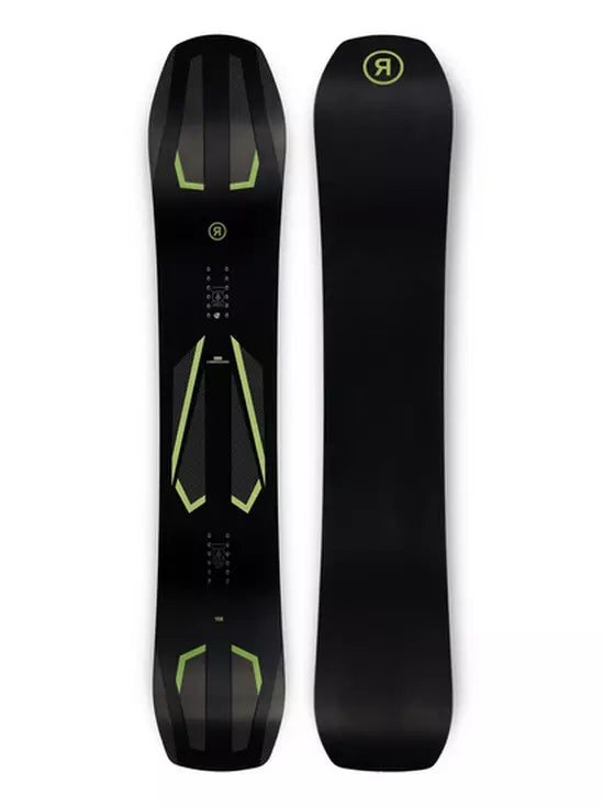 Ride Commissioner 2024 - Black snowboard with neon green accents on top sheet.