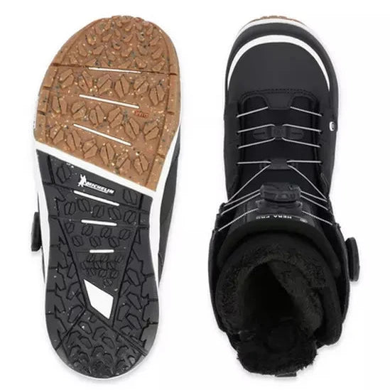 Ride Women's Hera Pro Snowboard Boot 2024 - Black snowboard boot with white accents and a brown sole.