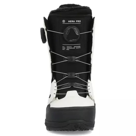 Ride Women's Hera Pro Snowboard Boot 2024 - Black snowboard boot with white accents and laces, featuring a circular logo on the back.