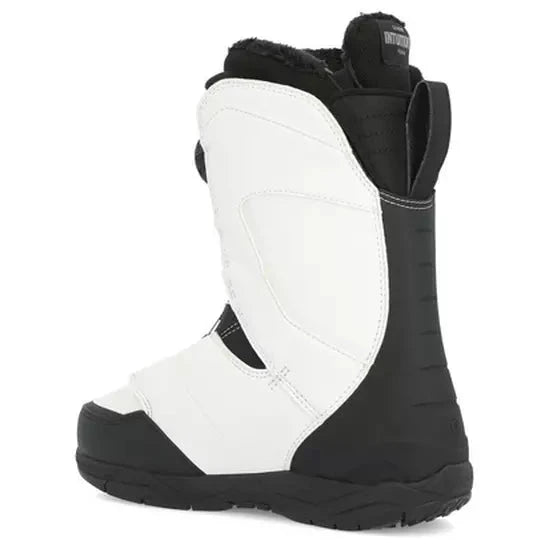 Ride Women's Hera Pro Snowboard Boot 2024 - Black snowboard boot with white accents and a black strap on top.
