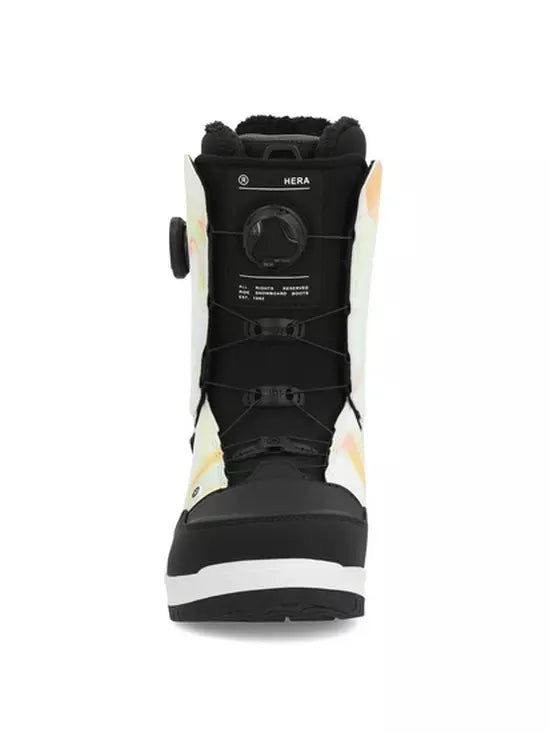Ride Women's Hera Snowboard Boot 2024 - Black snowboard boot with a white logo on top and a black strap across the front.