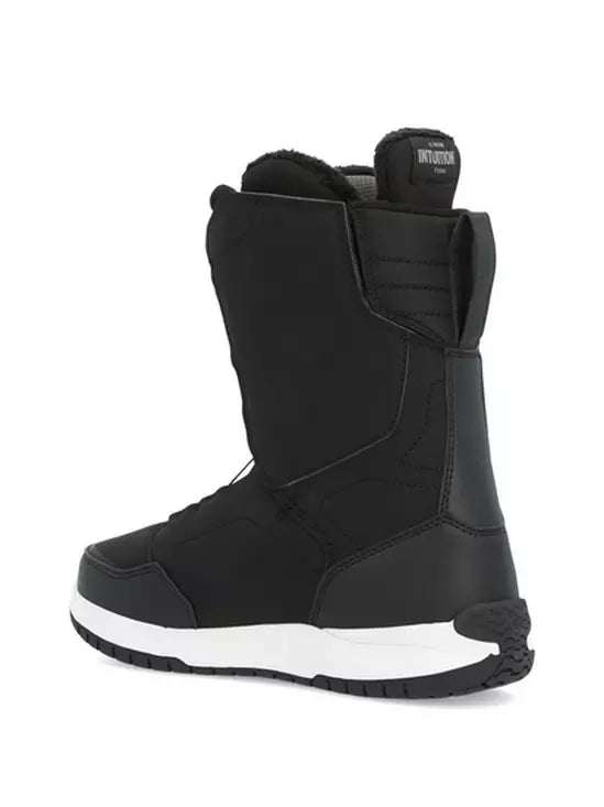Ride Women's Hera Snowboard Boot 2024 - Black snowboard boot with a white sole and black laces.