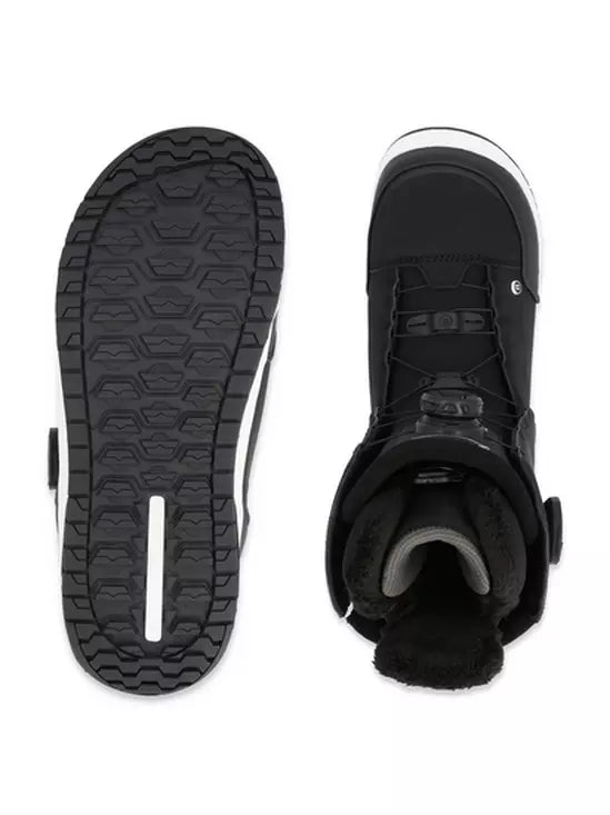 Ride Women's Hera Snowboard Boot 2024 - Black snowboard boot with a textured rubber outsole and white accents on the heel and toe.
