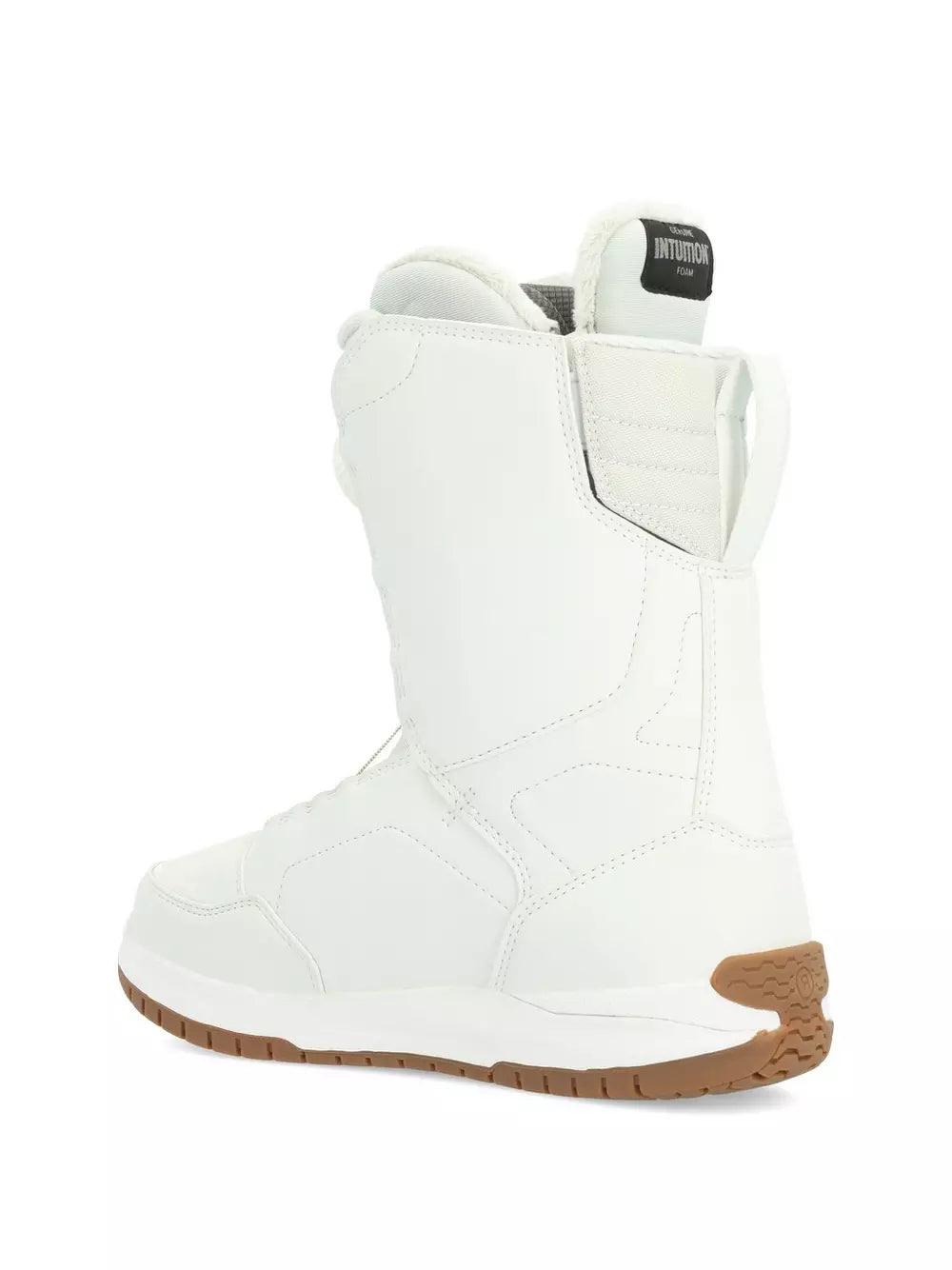 Ride Women's Hera Snowboard Boot 2024 - White snowboard boots with a black logo on the side and a brown strap.