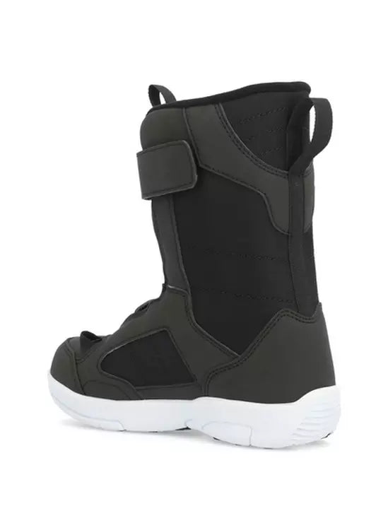 Ride Junior's Norris Snowboard Boot 2025 - Black snowboard boot with a strap on top and white soles.