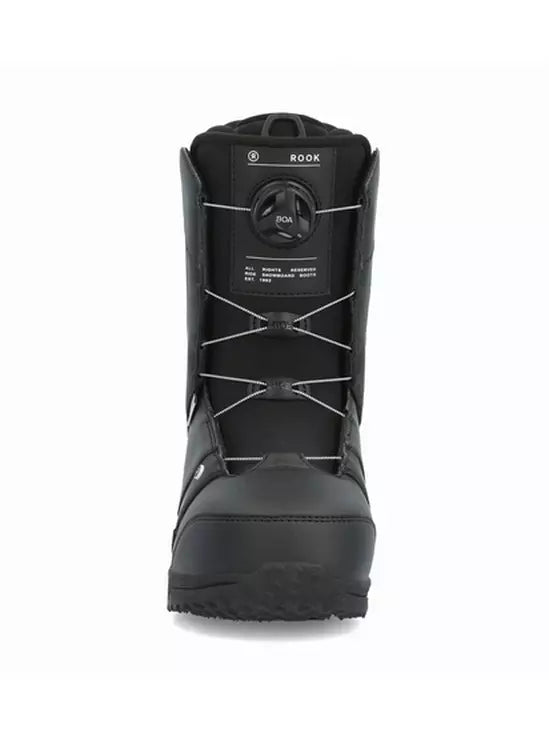 Ride Rook Snowboard Boot 2025 - Black snowboard boot with white laces and a black BOA dial on top.