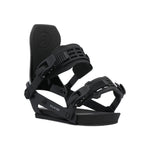 Ride A-10 Snowboard Bindings 2025 - Black bindings with a rectangular logo on top strap and white lettering on bottom strap.
