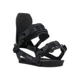Ride A-10 Snowboard Bindings 2025 - Black bindings with a rectangular logo on top strap and white lettering on bottom strap.
