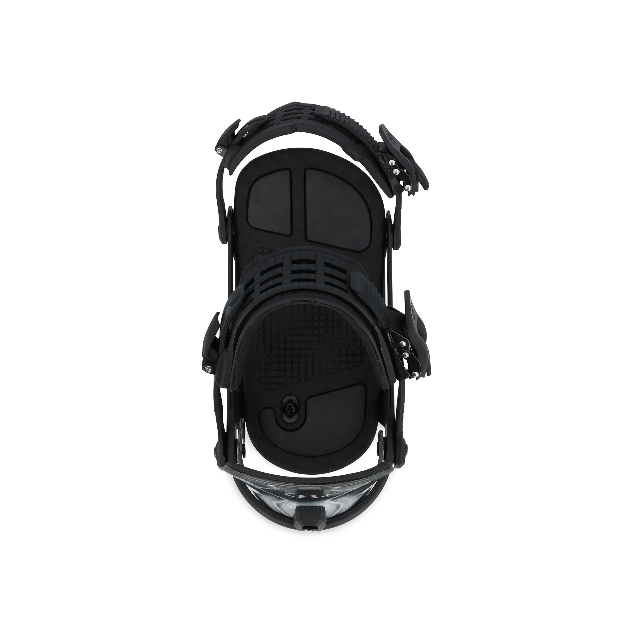 Ride A-10 Snowboard Bindings 2025 - Black bindings with silver screws and black straps on a white background.