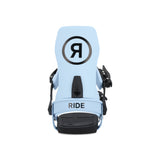 Ride A-6 Snowboard Bindings 2025 - Light blue bindings with black straps and buckles, featuring a circular logo on top with a large "R" in the center.