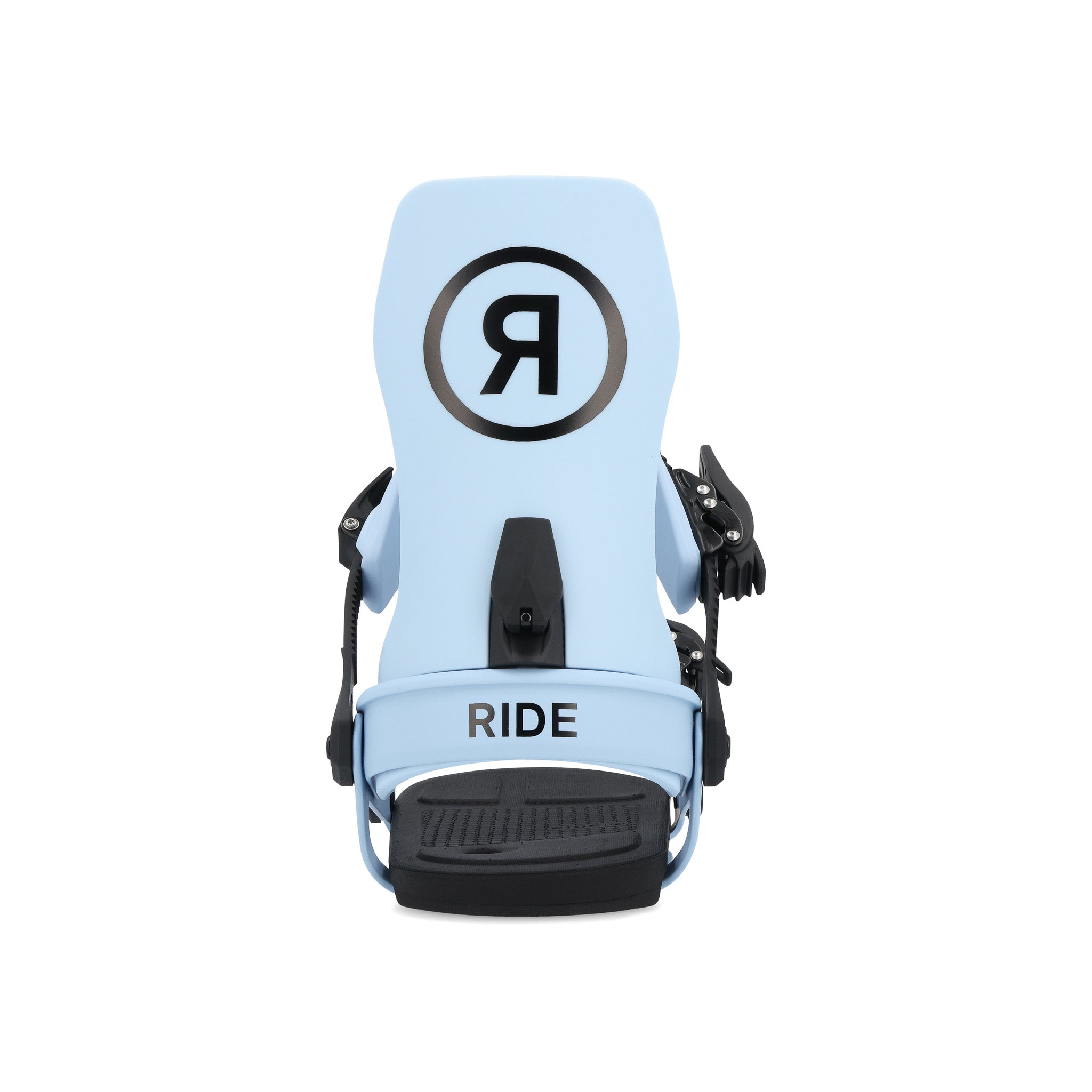 Ride A-6 Snowboard Bindings 2025 - Light blue bindings with black straps and buckles, featuring a circular logo on top with a large "R" in the center.