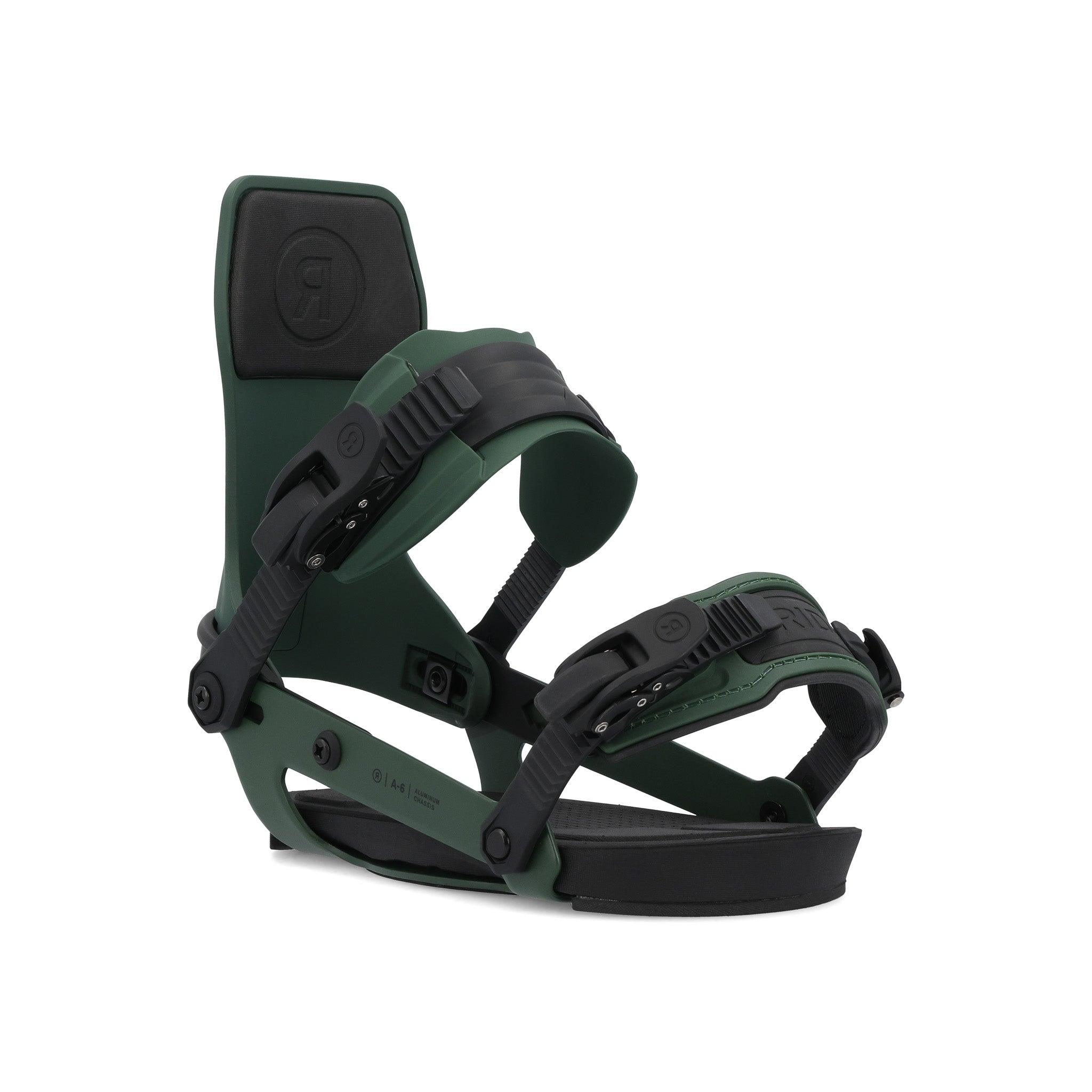Ride A-6 Snowboard Bindings 2025 - Black bindings with silver screws and black straps on a white background.