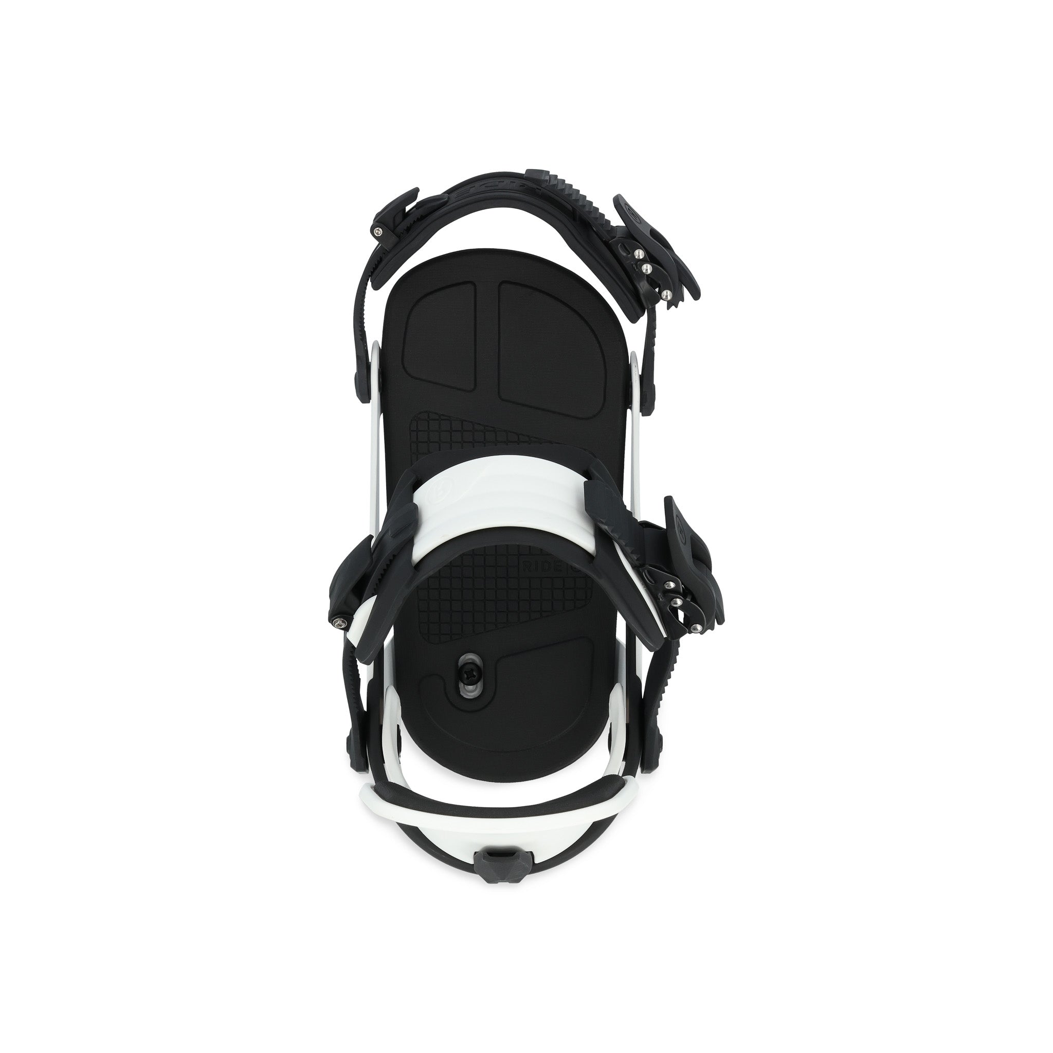 Ride A-6 Snowboard Bindings 2025 - Black bindings with silver buckles and screws on a white background.