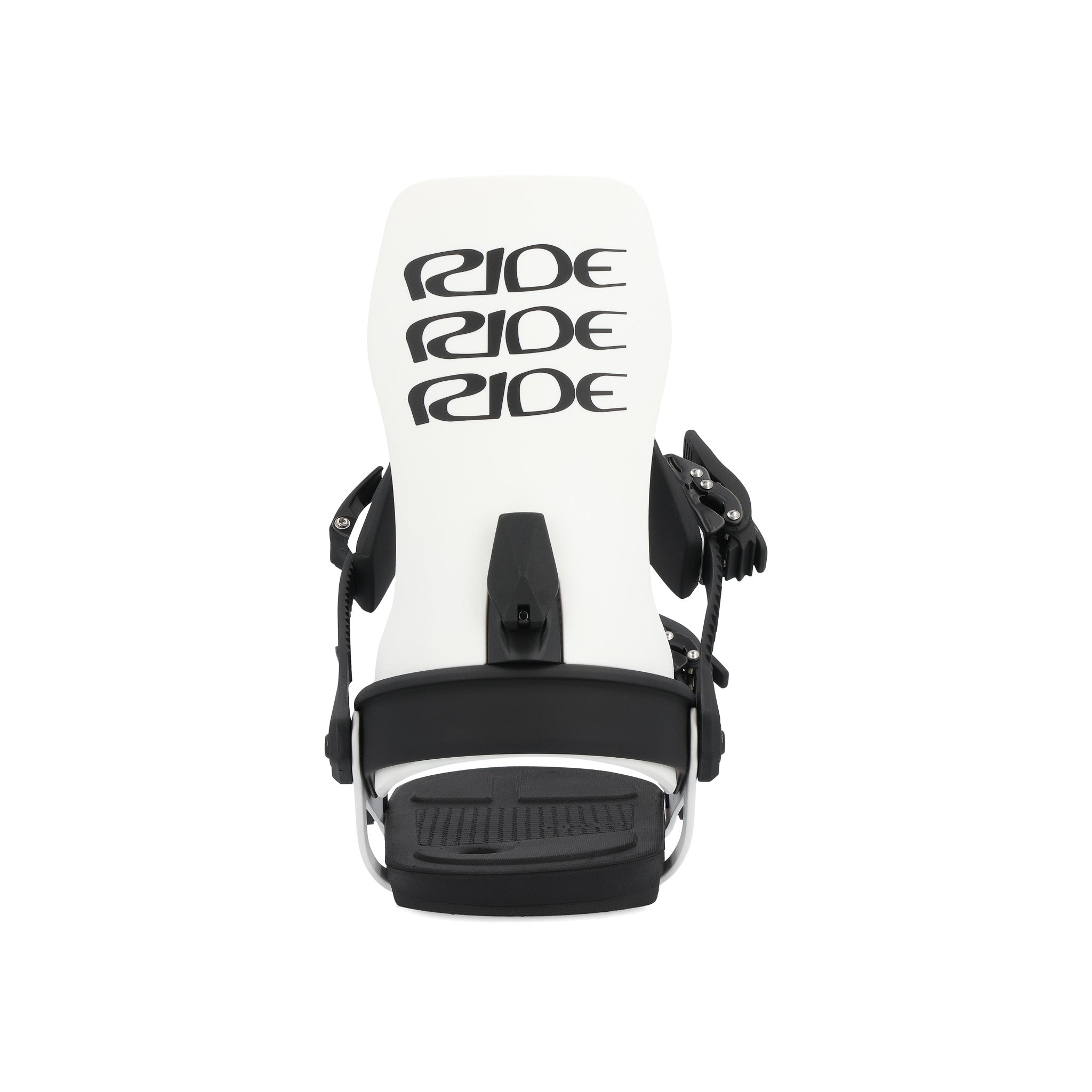 Ride A-6 Snowboard Bindings 2025 - White bindings with black straps and buckles.
