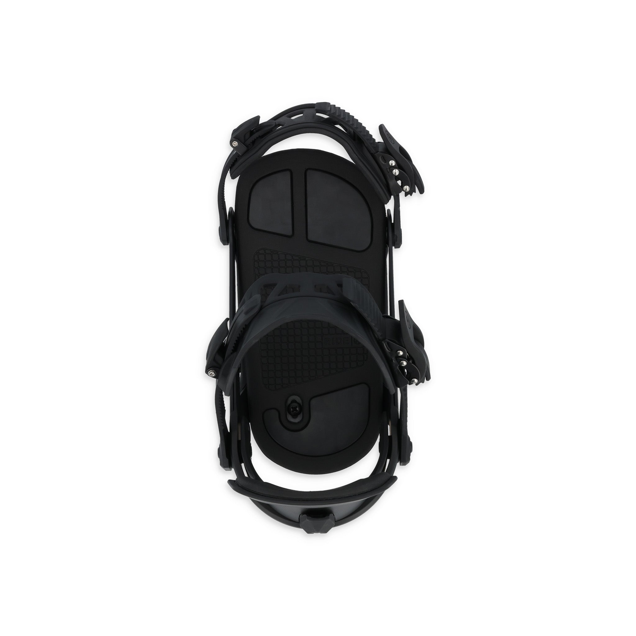 Ride A-8 Snowboard Bindings 2025 - Black bindings with silver screws and buckles on a white background.